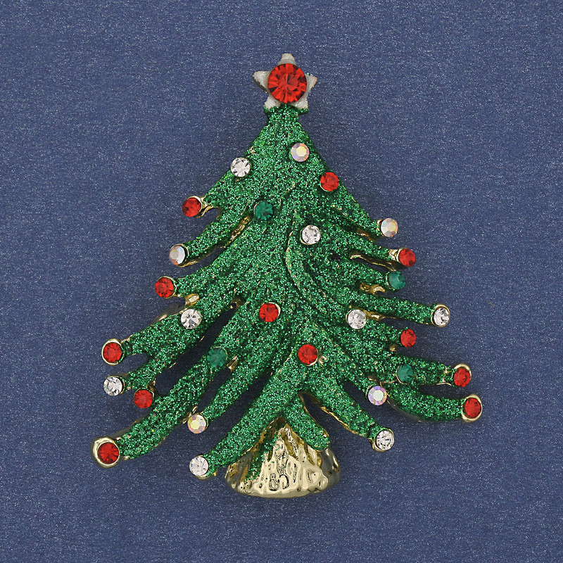 Brooch Pendant Christmas Tree Green Enamel with Rhinestones Gold-Tone Metal 43x37mm +
