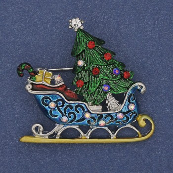 Brooch 'New Year Sledge' Colorful Enamel with Crystals Silver Metal 42x39mm +