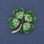 Brooch Pendant Clover with White and Green Rhinestones on Golden Metal, diameter 31x36mm +