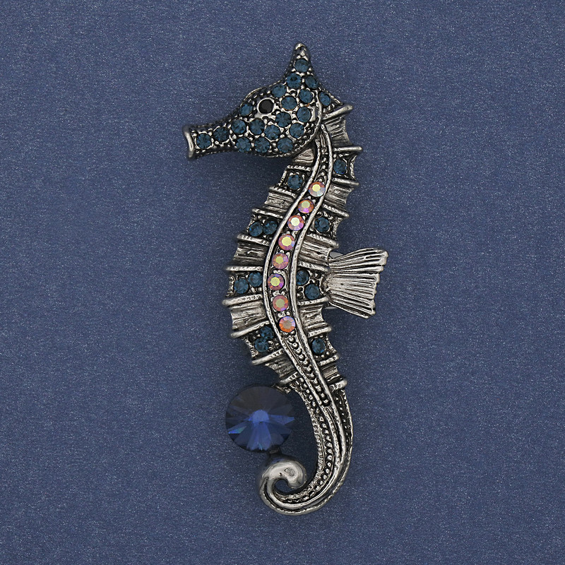 Brooch Pendant Sea Horse Colorful Rhinestones Blue Crystal Silver Metal 55x25mm+