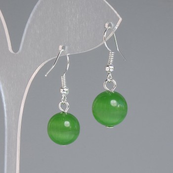 Earrings Green Cat's Eye Smooth Sphere, diameter 12mm±, length 30mm±, Silver Metal