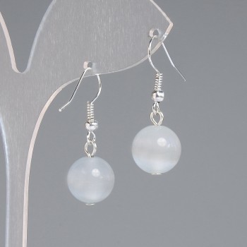 Earrings in Gray Cat's Eye with Smooth Bead, diameter 11mm±, length 30mm±, Silver Metal