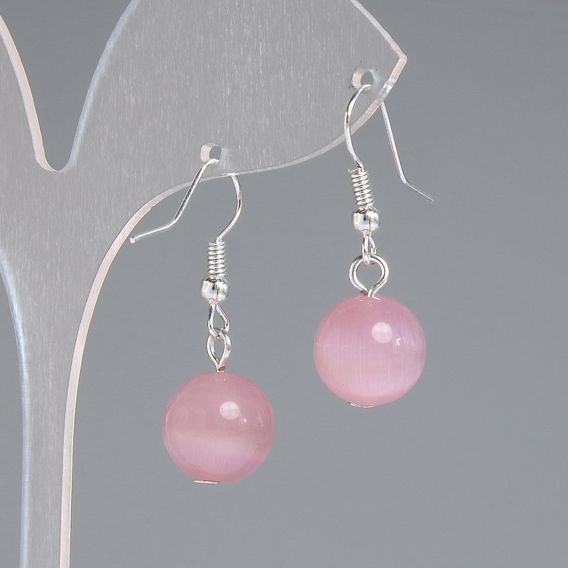 Pink Cat's Eye Bead Earrings, Smooth Round Bead Ø 11.5 mm ±, Length 30 mm ±, Silver Tone Metal