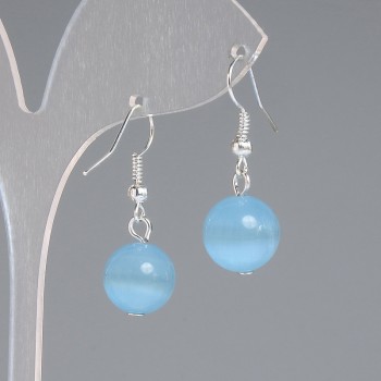 Blue Cat's Eye Bead Earrings, Smooth Round Bead 11.5mm ±, 30mm ± Length, Silver Metal
