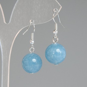 Aquamarine Earrings with Natural Stone Smooth Bead, 14mm diameter, length ~32mm, Silver Metal