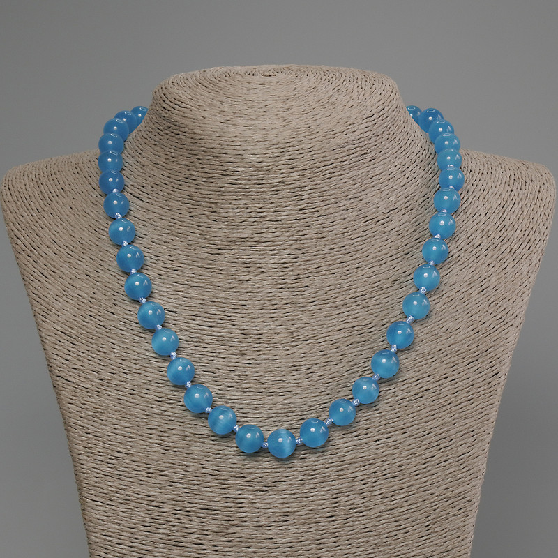 Azure Cat's Eye Necklace, Smooth Round Beads, 10mm Ø, 50cm Length, with Clasp