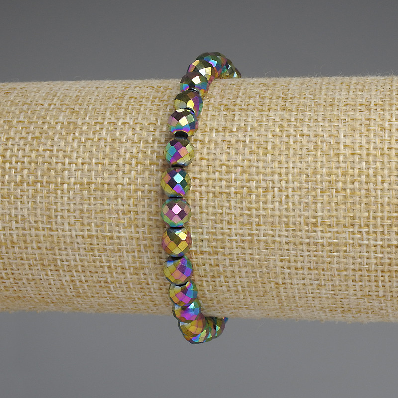 Rainbow Hematite Beaded Bracelet 6 mm faceted round beads, 18 cm stretch length