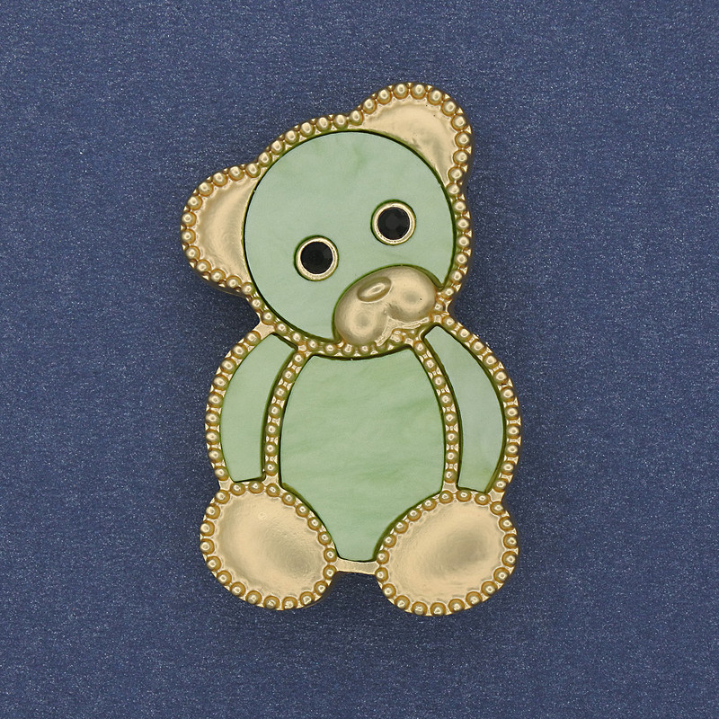 Brooch Pendant Teddy Bear Greenish-Chartreuse Pearlescent Gold Metal 38x24mm+