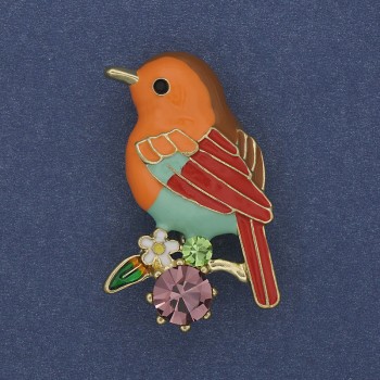 Brooch 'Bird' colorful enamel with rhinestones on golden metal 24x38mm +