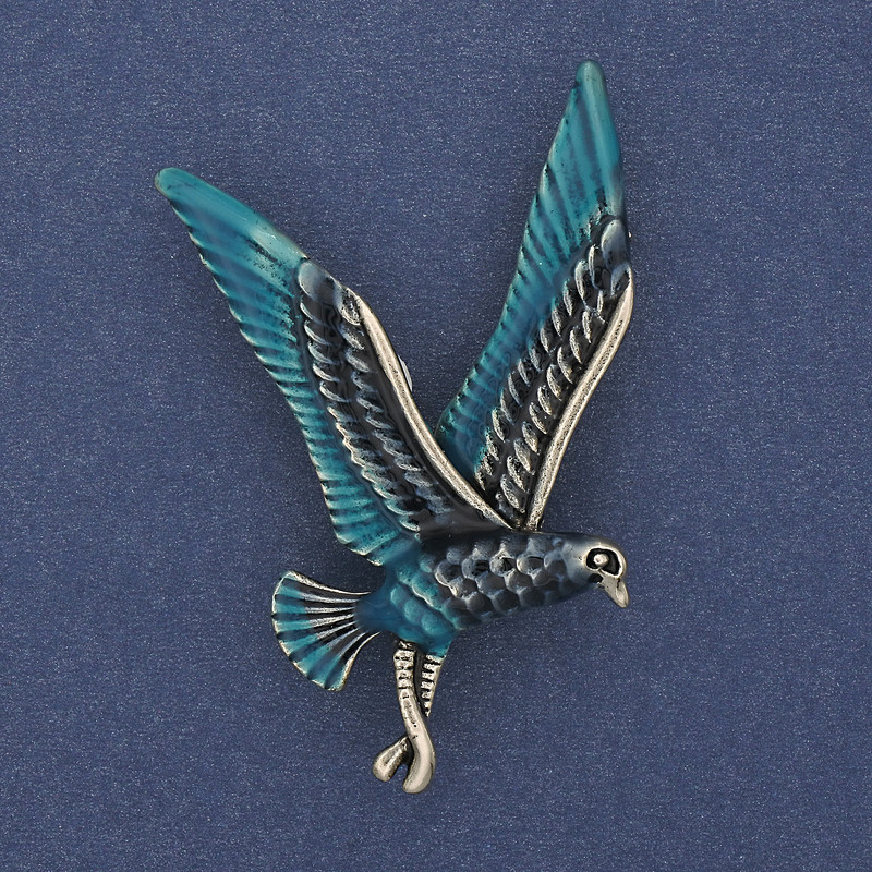 Brooch Bird Blue and Silver Enamel on Gold-tone Metal 38x56mm +