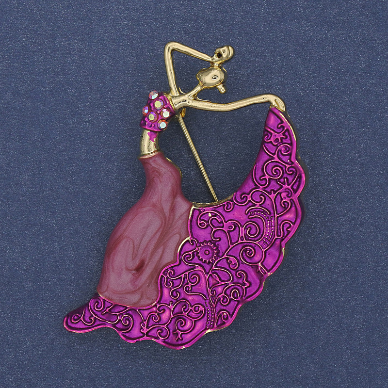 Brooch 'Dancer' Purple Enamel with Crystals Gold-Tone Metal 26x46mm+