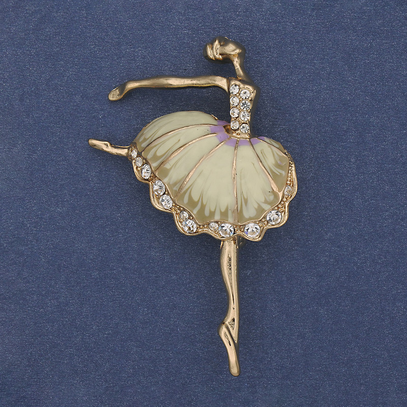 Brooch 'Ballerina' Beige Enamel with White Crystals Golden Metal 35×56mm+