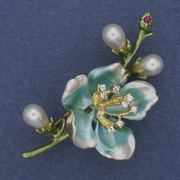 Blue and Green Enamel Brooch with Pearl and Crystals, Gold-Toned Metal 28x55mm