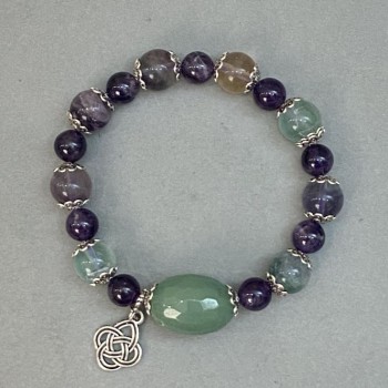 Bracelet Fluorite Bead 10mm+-Amethyst Bead, 8mm+- Jade Tubular 20x15mm+-, length 18cm Stretch