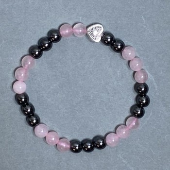 Bracelet Pink Quartz and Hematite Bead 6mm+- with Metal Inlay, Length 18cm+- Stretch
