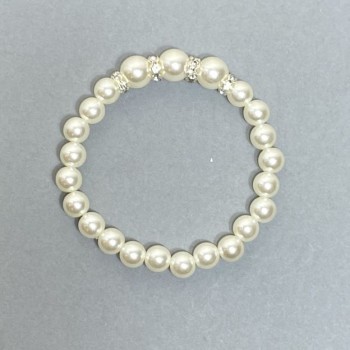 Bracelet, White Majorca Pearl, acrylic beads, diameter 8mm±10mm + crystal insets, length 18cm stretch