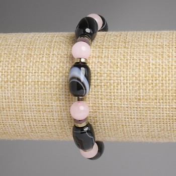 Bracelet Pink Quartz Bead 8mm+-Agate Bar 14x10mm+- Hematite Rondelle 6x2mm+- length 18cm+- stretch