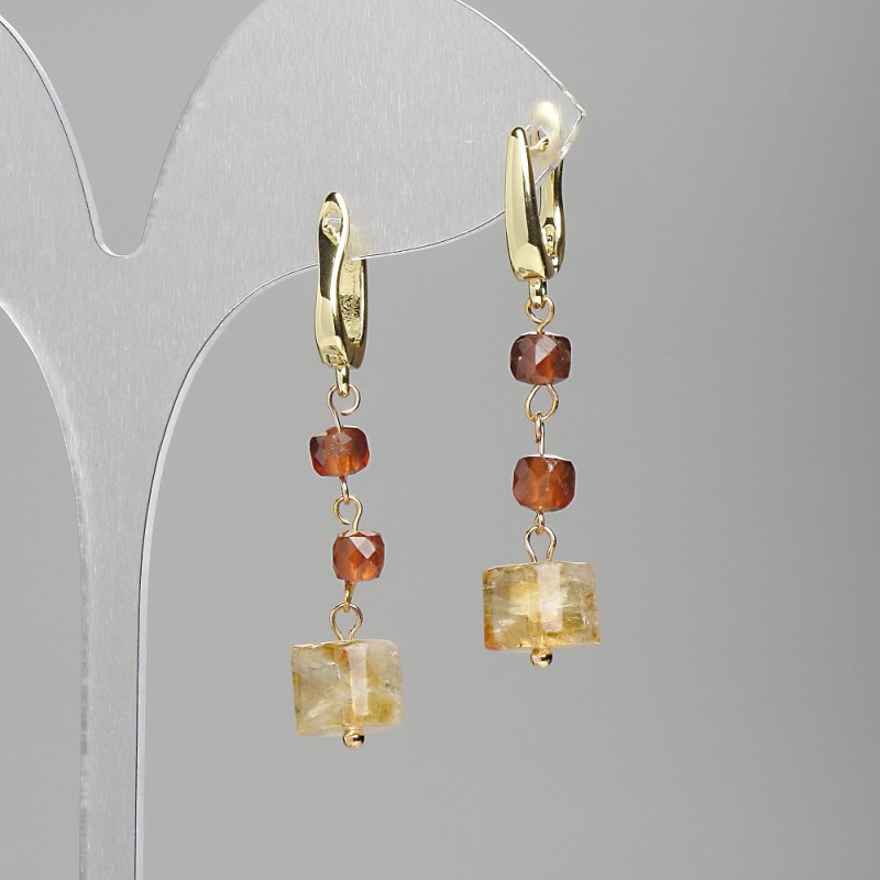 Earrings Citrine Cylinder 9x6mm+- Goshenite (yellow Garnet) cube 4mm+-, length 42mm+-