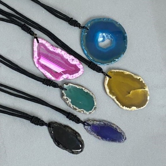 Agate Slice Pendant, Unpolished, Assorted Sizes 37×55mm± on Cord, 70cm+ Length