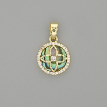Chalcedony Clover Pendant in Gold-Colored Circle with Rhinestones 20x13mm+