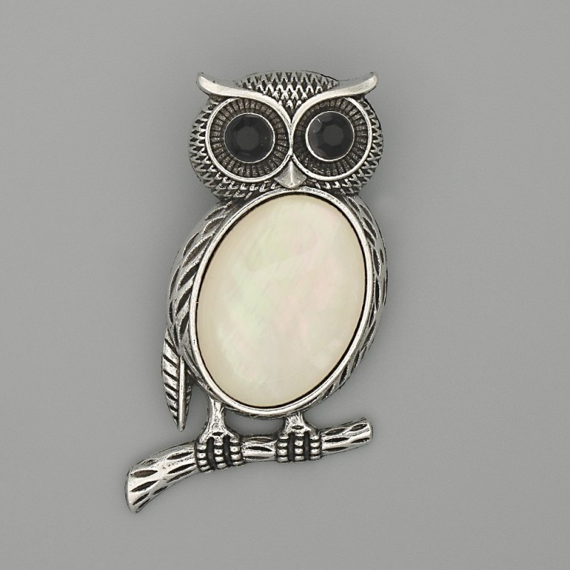 Brooch Pendant Owl with Mother-of-Pearl 45x25mm+- black rhinestones silver metal
