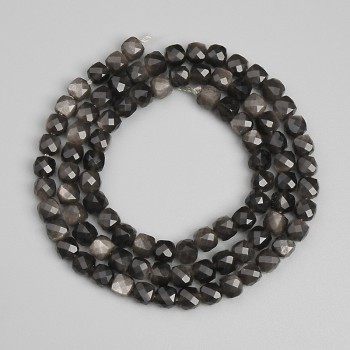 Beads, Silver Obsidian, faceted cube 4x4mm +-, length 39cm+- on thread