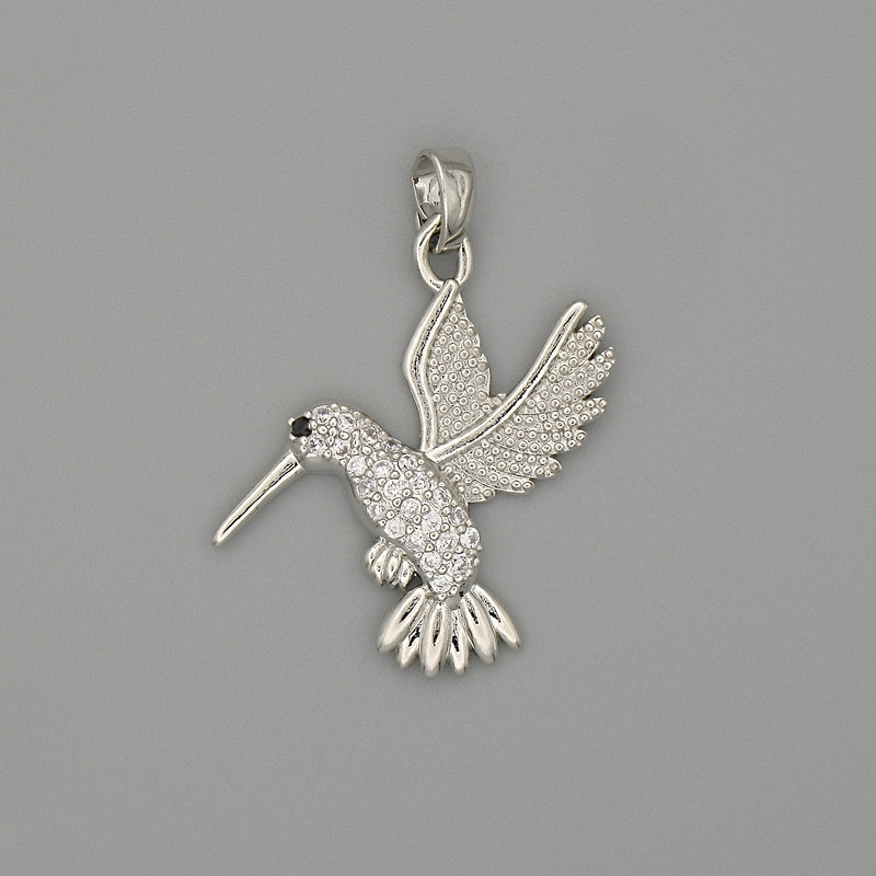 Pendant Charm Colibri - silver-toned metal with white rhinestones, diameter 29x21mm+