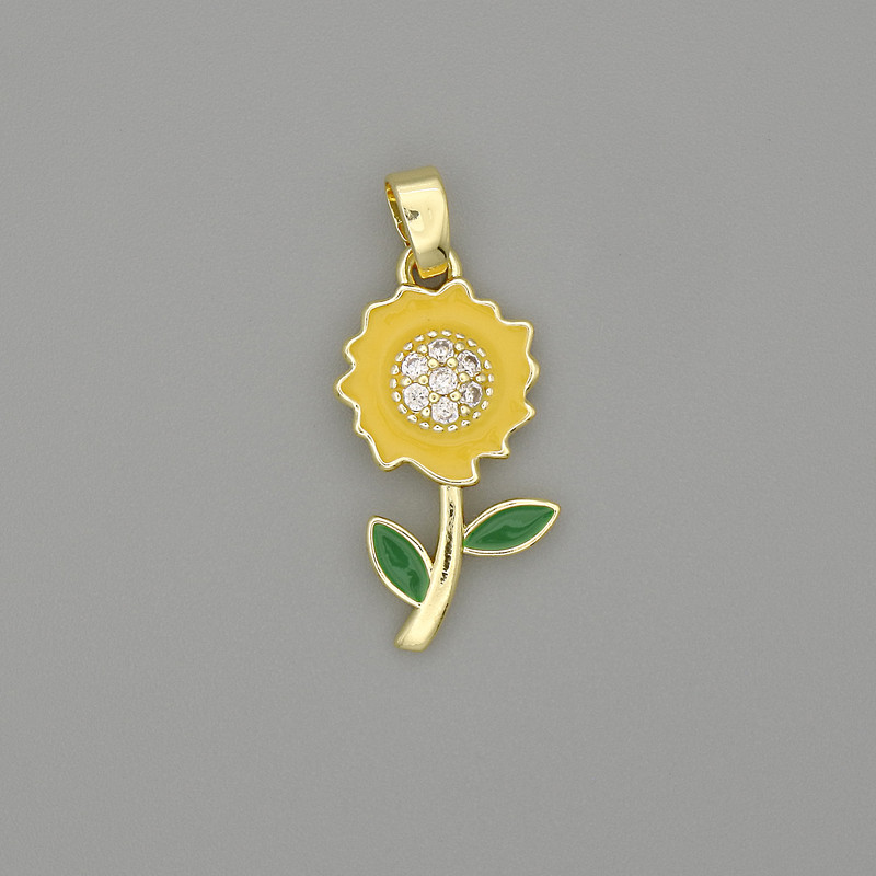 Pendant charm Sunflower enamel gold-toned metal with white crystals, diameter 25x10mm+