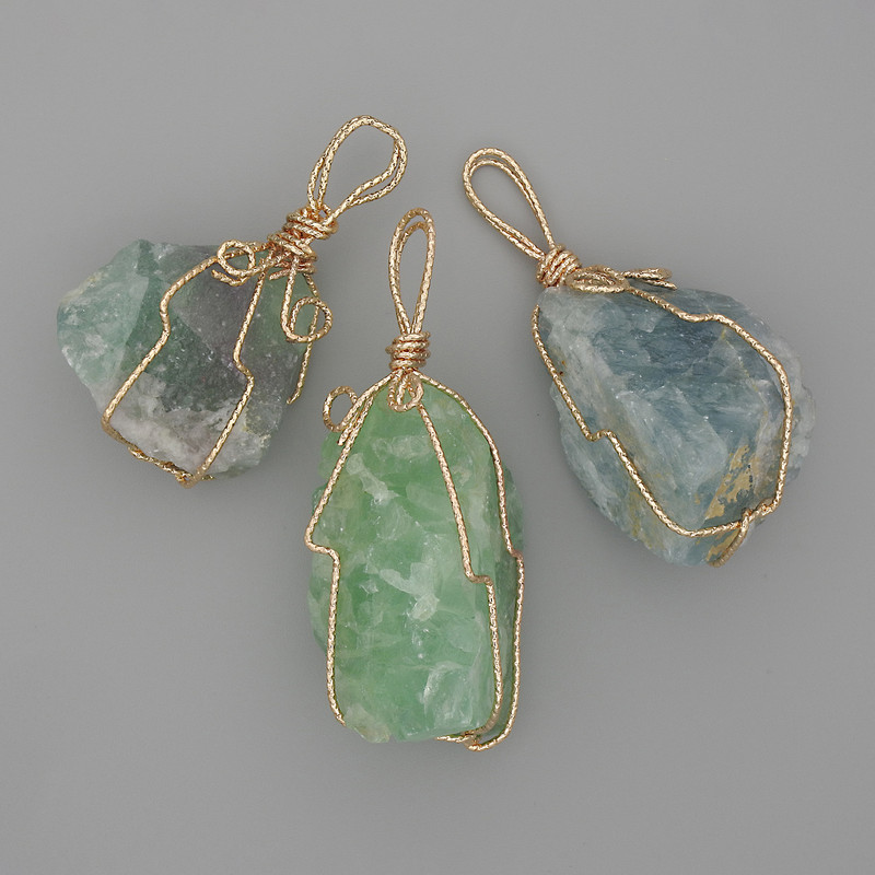 Fluorite Pendant with Unpolished Stone in Golden Wire Wrapping 55x26mm± Assorted Sizes