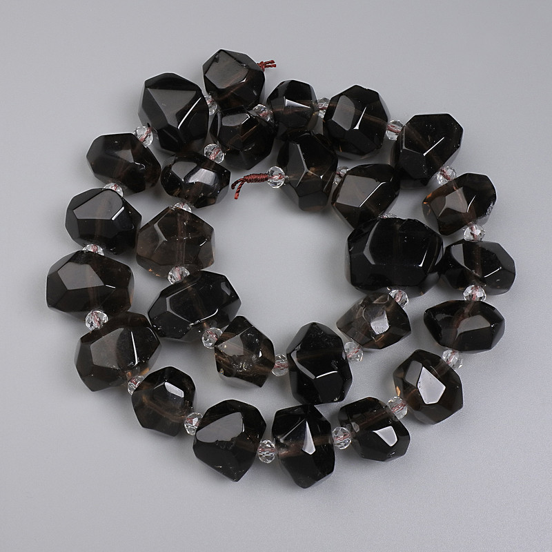 Smoky Quartz Beads, Faceted, 15-20×12-15 mm, +/- 4 mm seed beads on thread, length 40 cm