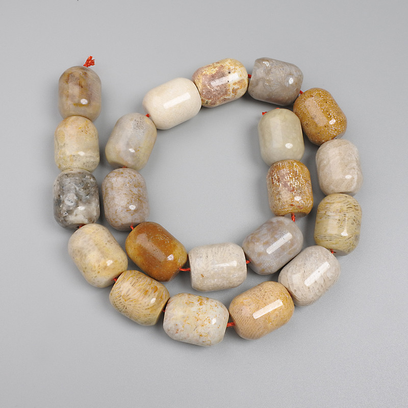 Beads of Fossilized Coral Barrel-shaped, 19×15 mm±, on thread, 40 cm+ length
