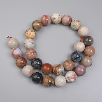 Beads, Fossilized Coral, Smooth Round, 14mm ± diameter, on thread, length 39cm+