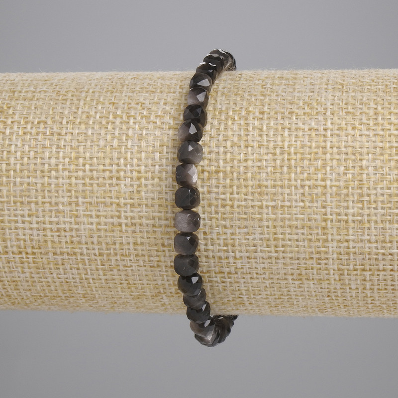 Bracelet Silver Obsidian Faceted Cube 4x4mm +-, length 18cm+- stretch