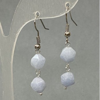 Aquamarine Earrings with Natural Gemstone, Multifaceted, 8x7 mm diameter ±, length ~40 mm, Silvery Metal