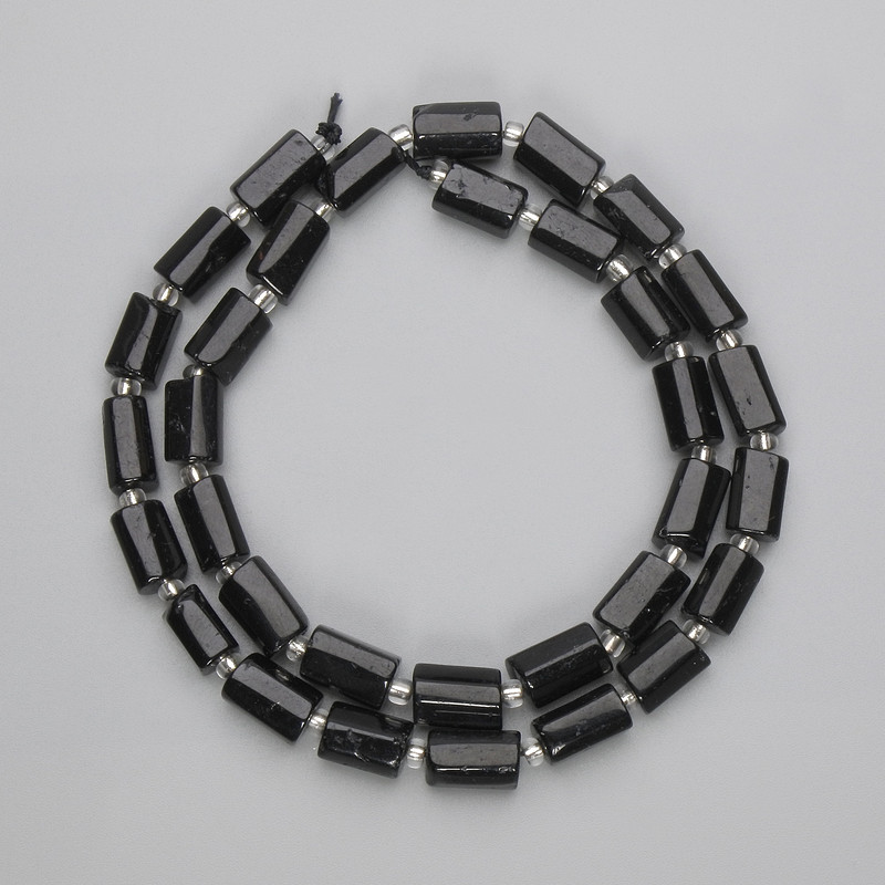 Beads Black Tourmaline, faceted, diameter 8-10×6, 5-7mm±, seed beads, thread length 39cm±