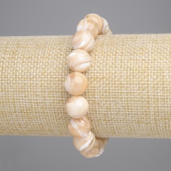 Beige Pearl Bracelet Smooth Round Beads, 10.5mm±, Length 18cm±, Stretch
