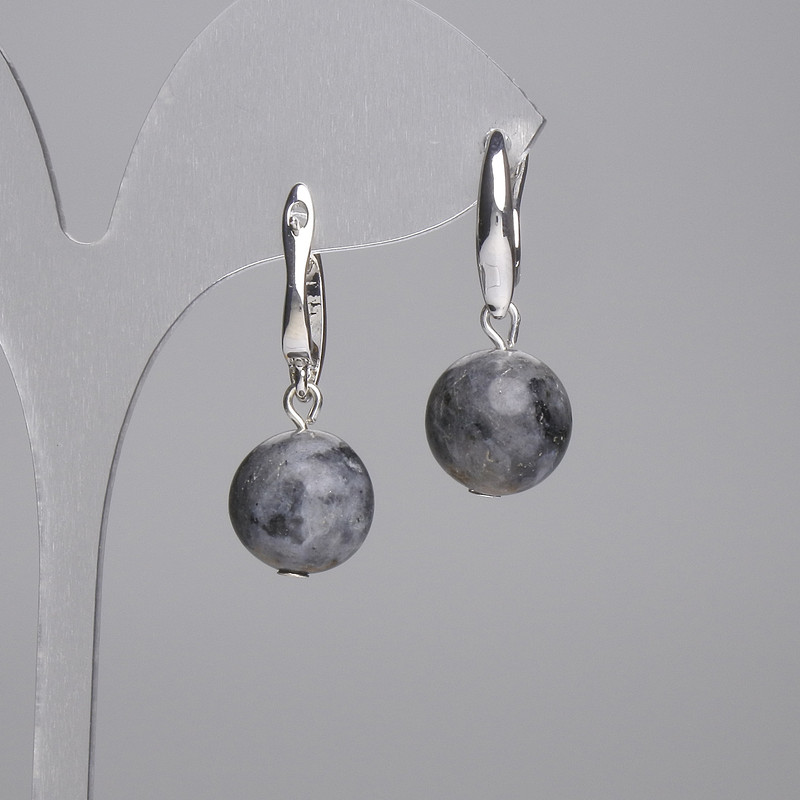 Larvikite Smooth Ball Earrings 12mm+-, length 30mm+-
