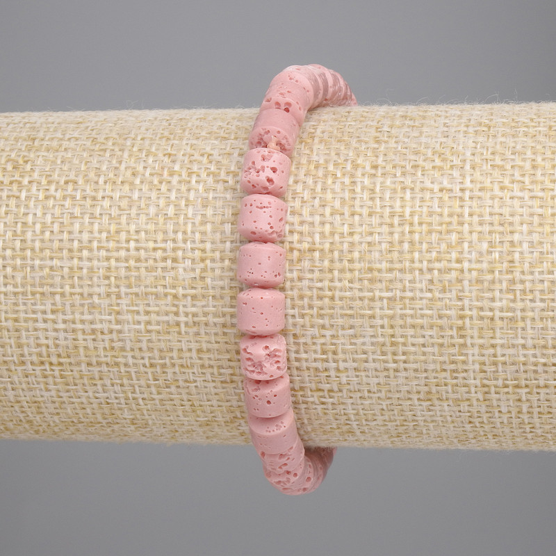 Bracelet Pink Volcanic Lava Cylindrical Beads, diameter 6x6mm, length 18cm, stretch