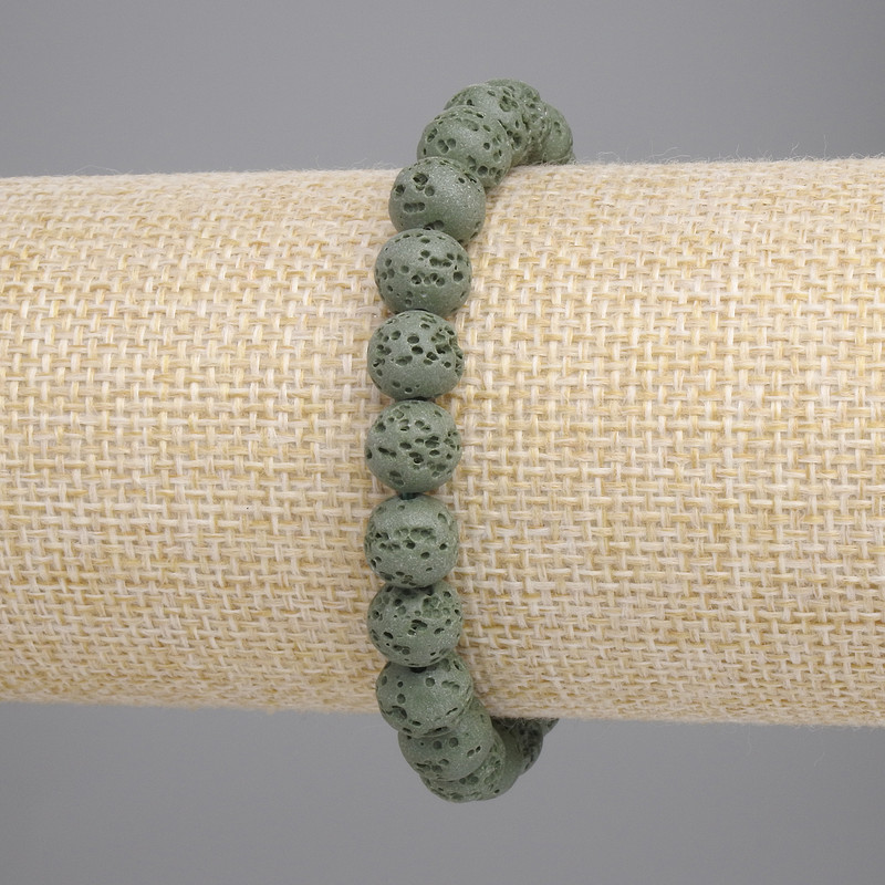 Bracelet of Green Volcanic Lava Beads, 8mm diameter beads, stretchy 18cm length