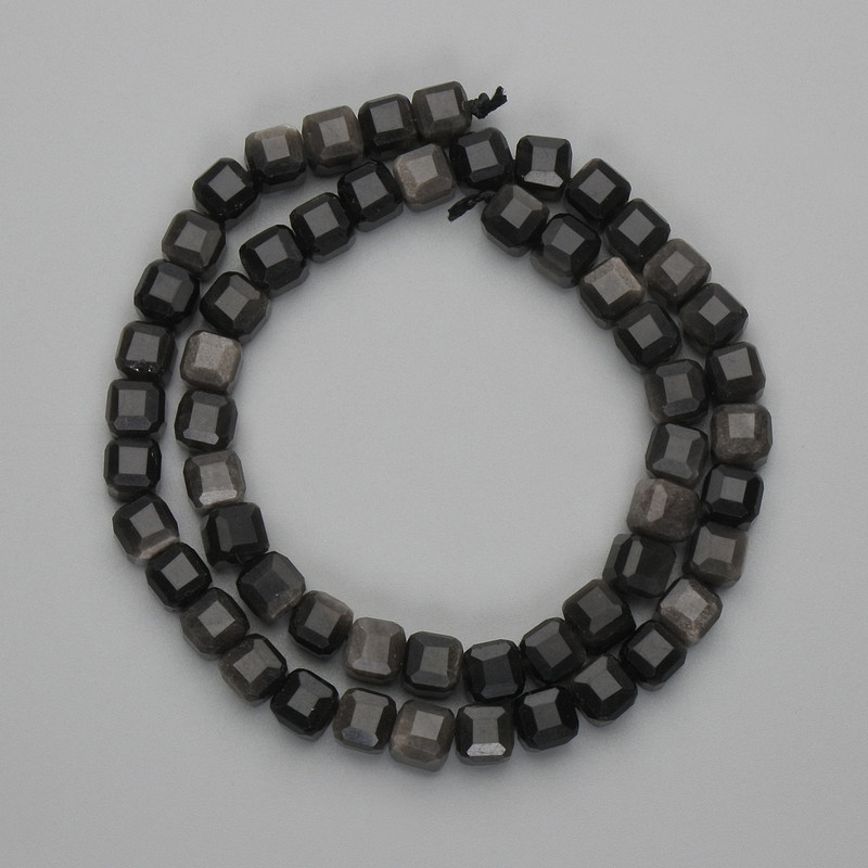 Beads Silver Obsidian Faceted Cube 7x7mm+-, Length 37cm+- on Thread