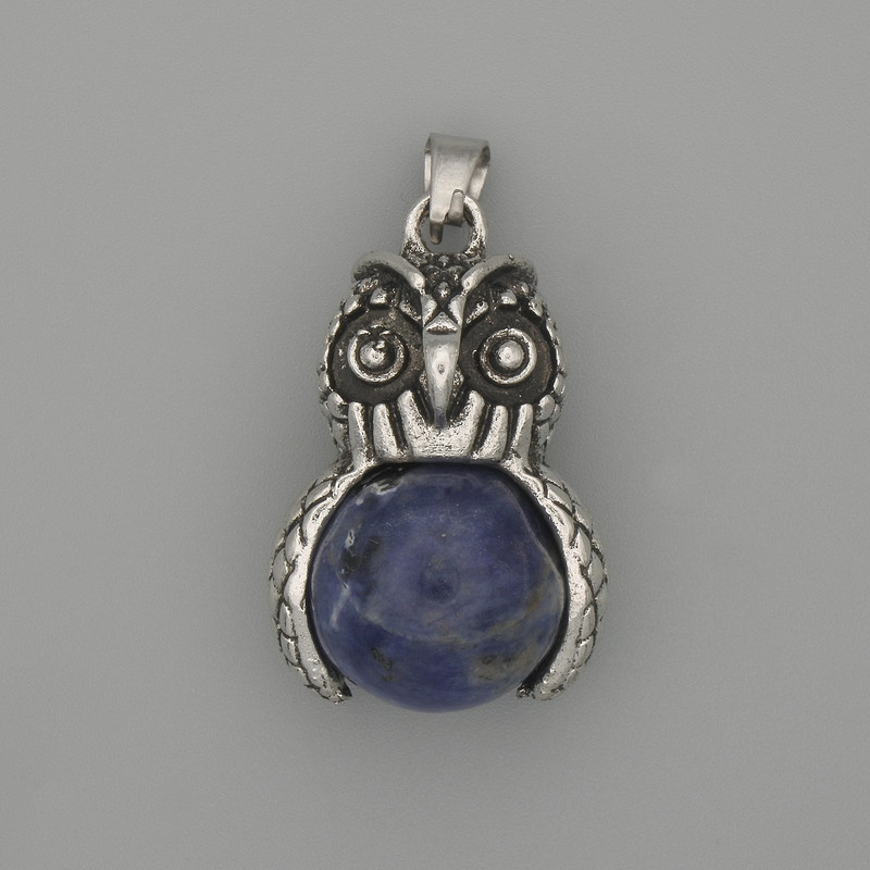 Owl Pendant Sodalite in Silvery Metal, diameter 30×20mm, length 37mm