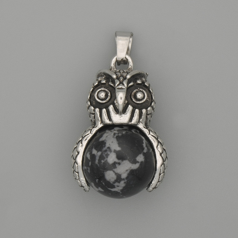 Pendant Owl Snow Obsidian Silver Metal, 30×20mm diam. ±, length 37mm ±