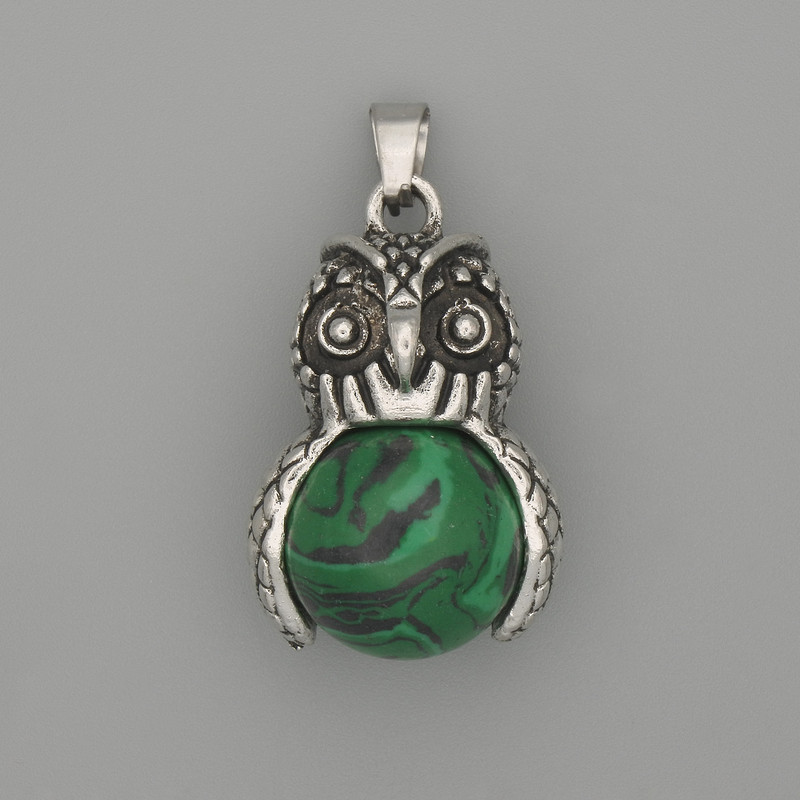 Pendant Owl with Malachite in Silver Metal, diameter 30x20mm±, length 37mm±