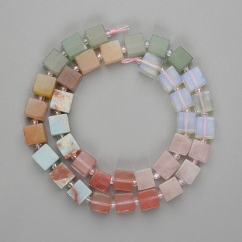 Assorted Beads of Chalcedony, Opalite, and Pink Quartz Cubic Beads 8×8mm±, 3mm± Seed Beads, 38cm± on Thread