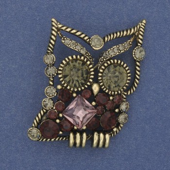  Brooch Owl with Rhinestones Bronze Color, 40x30mm diameter+