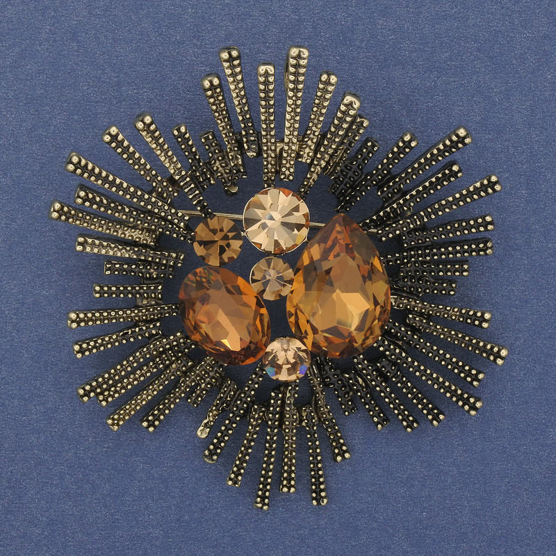 Brooch Pendant Accent with Yellow and Brown Crystals, Bronze-Gold Metal 60mm+