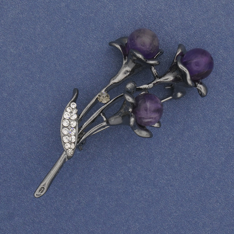 Brooch Branch with Amethyst and White Rhinestones Silver Metal 60x28mm+