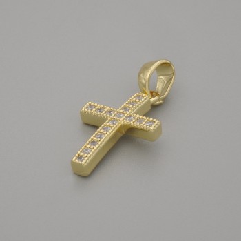 Cross Pendant with White Rhinestones on Gold-Tone Metal, 16×10 mm ±, length 20 mm ±