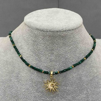 Choker Malachite faceted cube 2mm+- Hematite polyhedron 2mm+- with pendant Sun 20mm+- length 36cm + extender chain