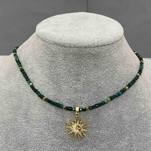 Choker Malachite faceted cube 2mm+- Hematite polyhedron 2mm+- with pendant Sun 20mm+- length 36cm + extender chain